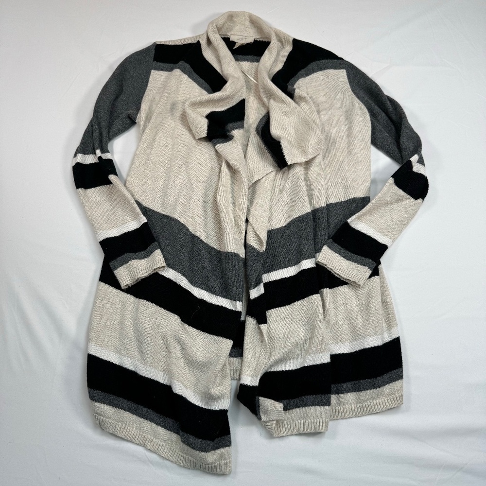 Loft Striped Long Sleeve Open Cardigan Womens Size XS Cream Black Grey